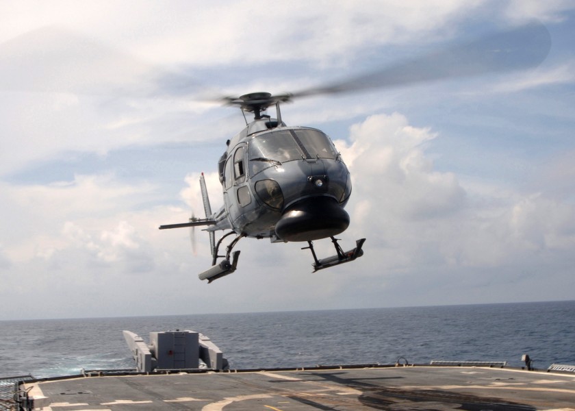 US Navy 050715-N-4374S-010 A Colombian Navy AS-555 Fennec helicopter launches from the flight deck of the guided missile cruiser USS Thomas S. Gates (CG 51) during UNITAS 46-05