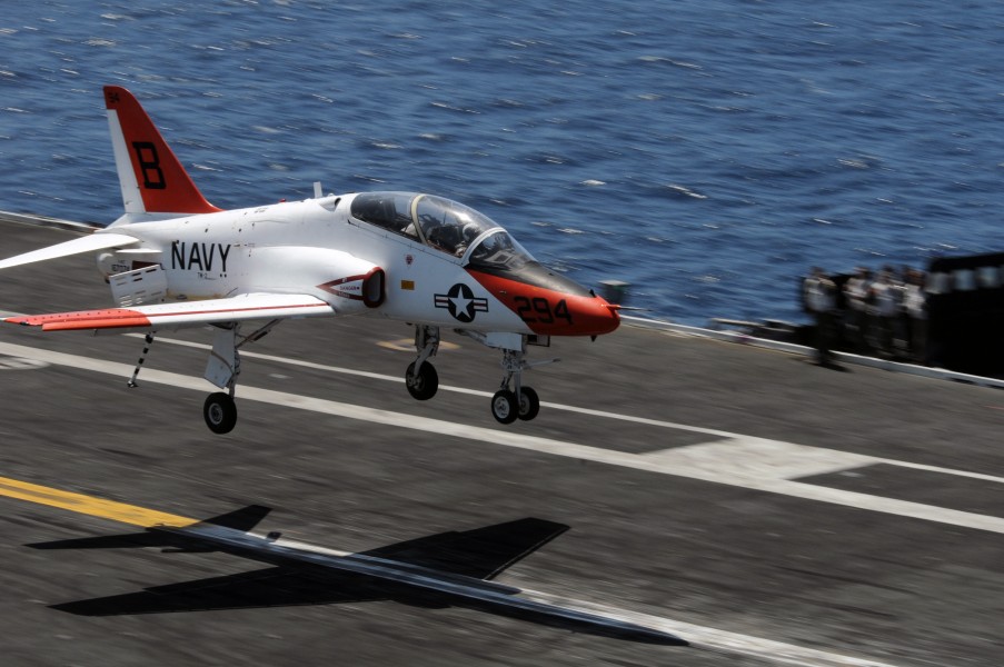US Navy 090417-N-3659B-273 A T-45 Goshawk assigned to Training Air Wing (TW) 2 lands aboard the aircraft carrier USS Ronald Reagan (CVN 76)