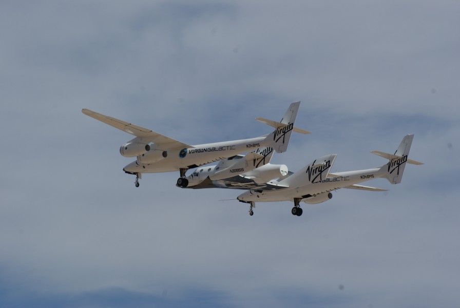 White Knight Two and SpaceShipTwo flying away