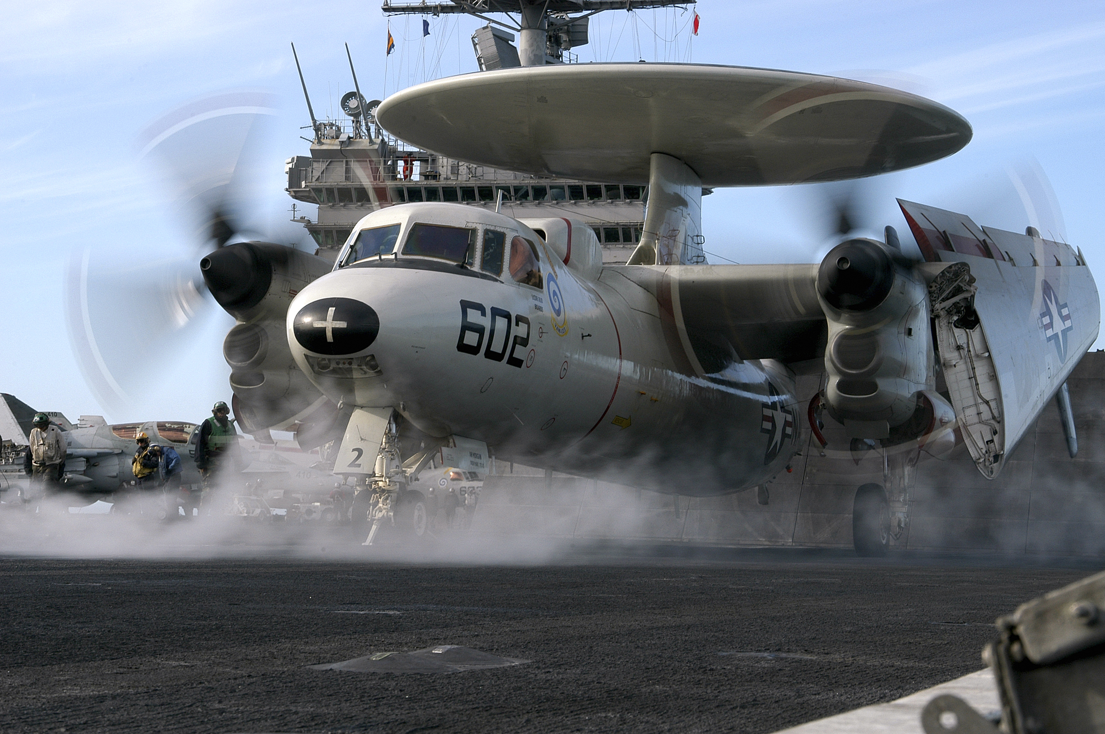 US Navy 040628-N-0119G-013 An E-2C Hawkeye prepares to launch from one of four steam-powered catapults on the flight deck aboard USS Enterprise (CVN 65)