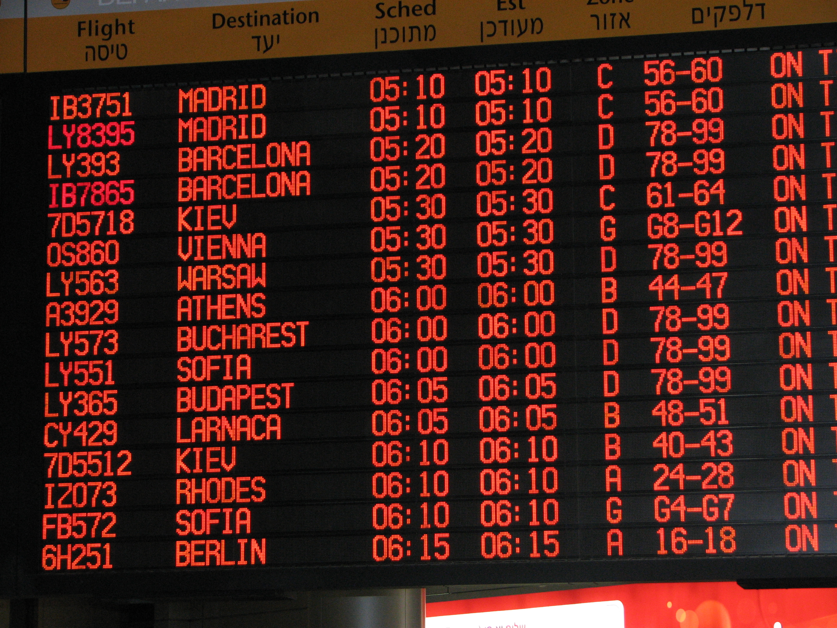 Ben Gurion International Airport (IATA: TLV, ICAO: LLBG)
