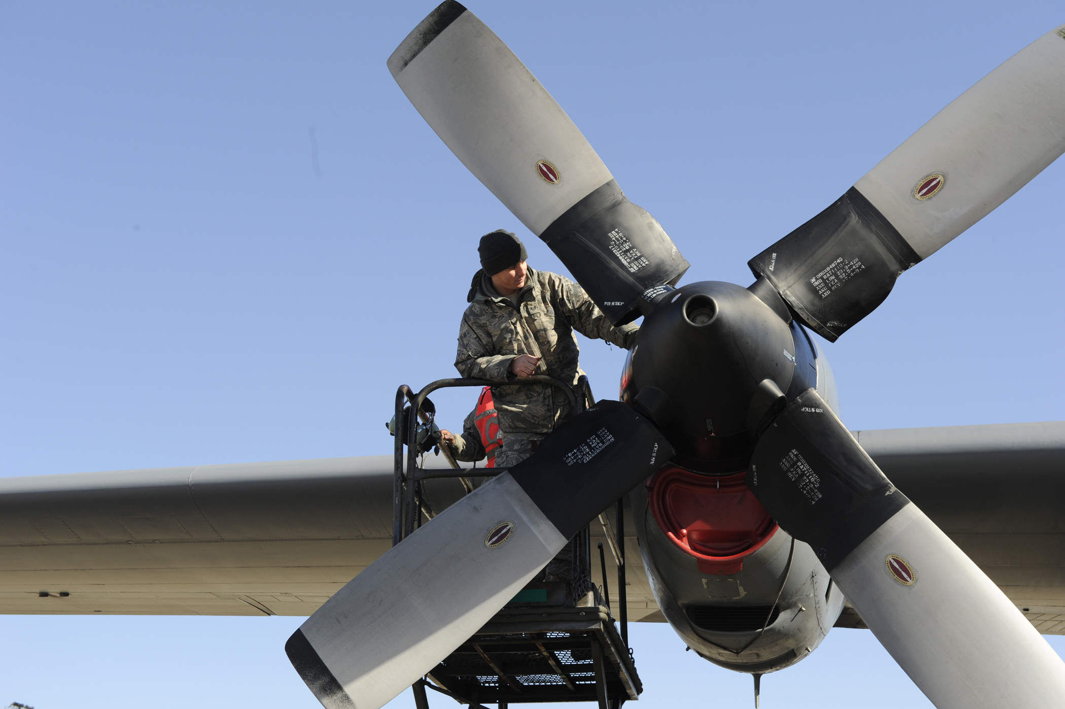Defense.gov News Photo 110209-F-RR679-977 - Staff Sgt. Scott Grgurich troubleshoots a C-130 Hercules engine problem during an exercise at Pope Air Force Base N.C. on Feb. 9 2011. Grgurich