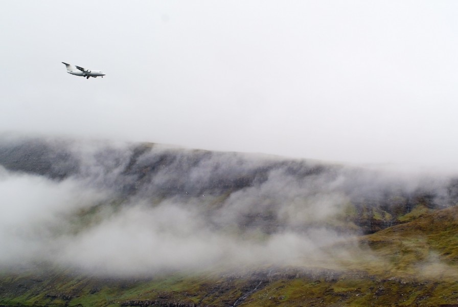 Aircraft landing at Vágar Airport, Faroe Islands