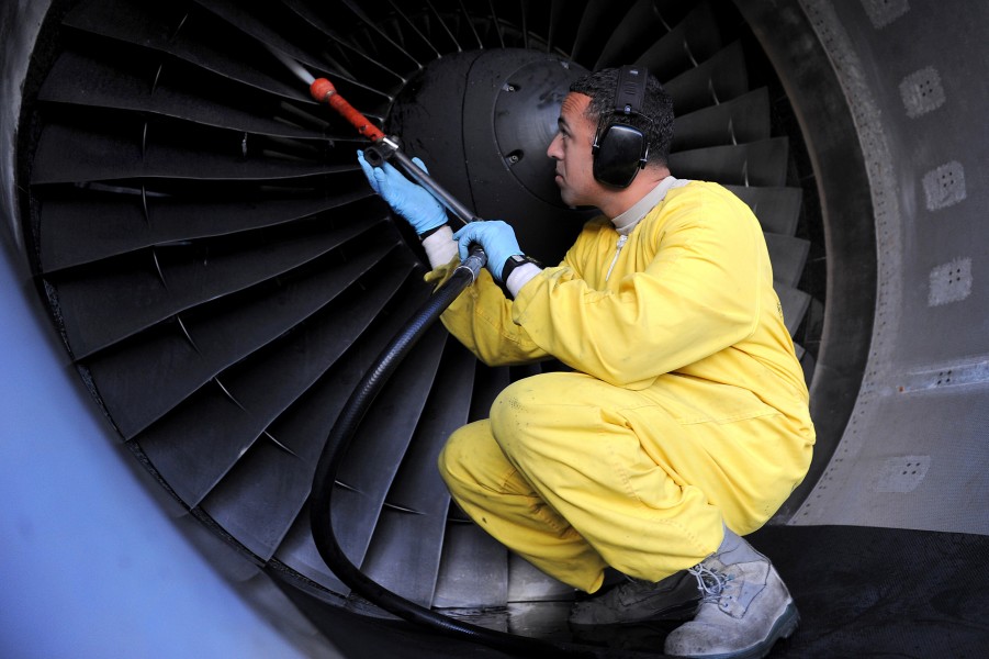 Defense.gov News Photo 110110-F-9708M-046 - U.S. Air Force Staff Sgt. Luis Mejias inspects and washes the blades of a C-17 Globemaster III aircraft at Joint Base Pearl Harbor-Hickam Hawaii
