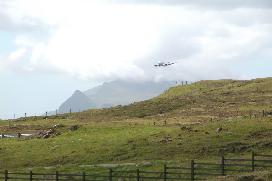 Plane landing at Vágar Airport, Faroe Islands