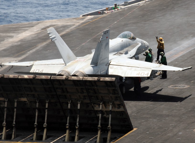 US Navy 100512-N-4236E-378 An F-A-18C Hornet assigned to the Wildcats of Strike Fighter Squadron (VFA) 131 prepares to launch from the aircraft carrier USS Dwight D. Eisenhower (CVN 69)