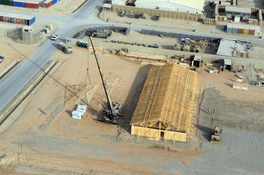 US Navy 110105-N-0318S-084 An aerial view of one of two large southwest Asia huts, 50 feet by 150 feet, being built by Seabees assigned to Naval Mo