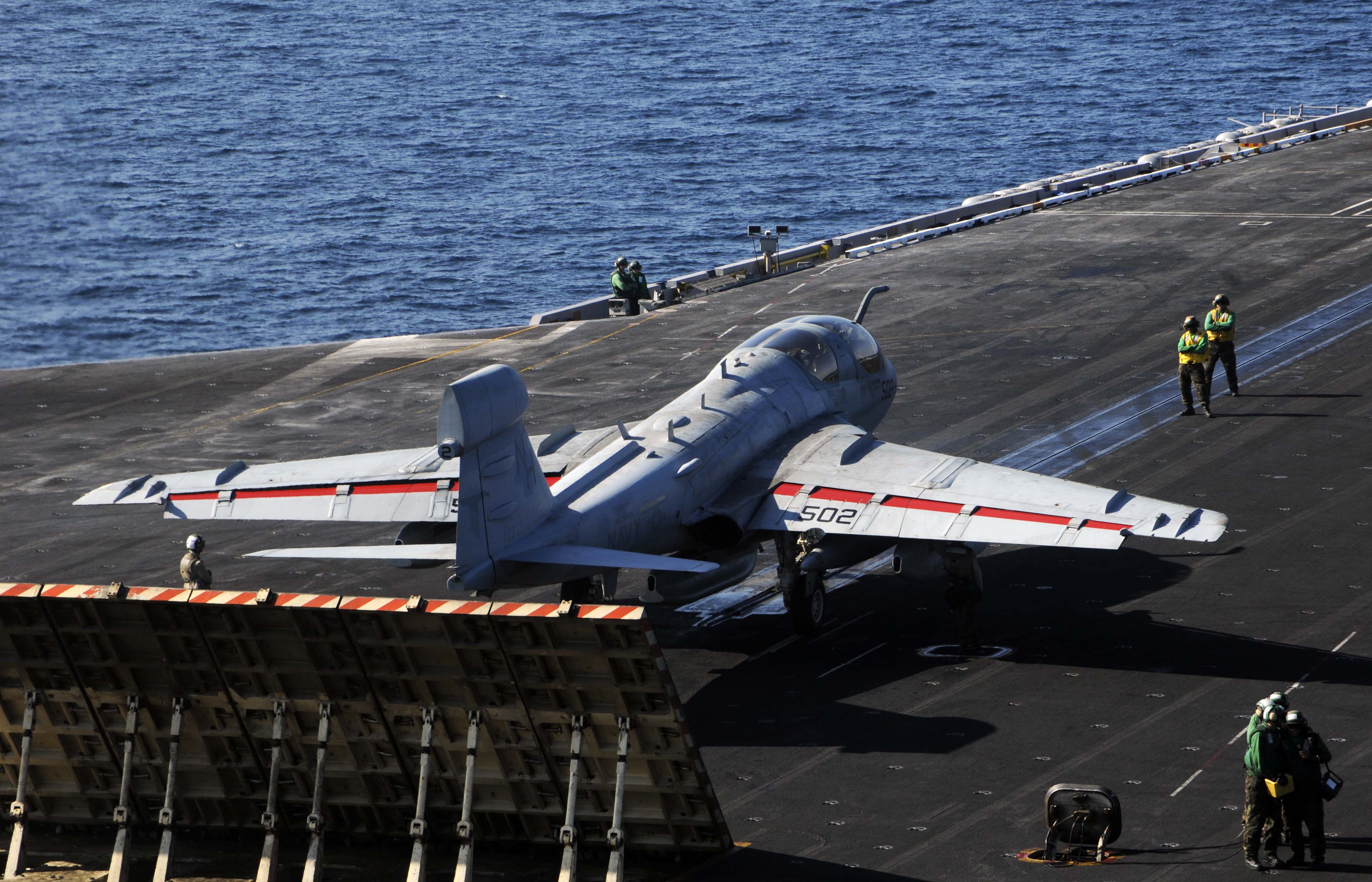 US Navy 100105-N-3038W-020 An EA-6B Prowler assigned to the Black Ravens of Tactical Electronic Attack Squadron (VAQ) 135 prepares to launch from the aircraft carrier USS Nimitz (CVN 68)