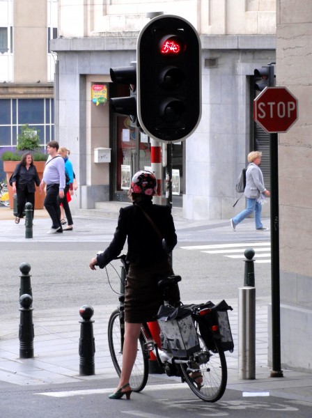 red street light for cyclists in Brussels, Belgium