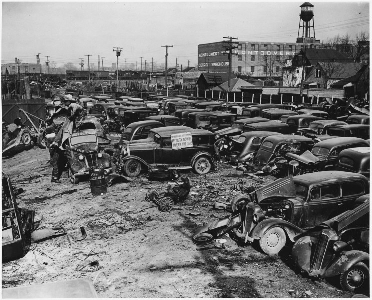 A Detroit Auto Graveyard - junked autos and trucks to be shipped to scrap yards and then to the Great Lakes Steel... - NARA - 196424