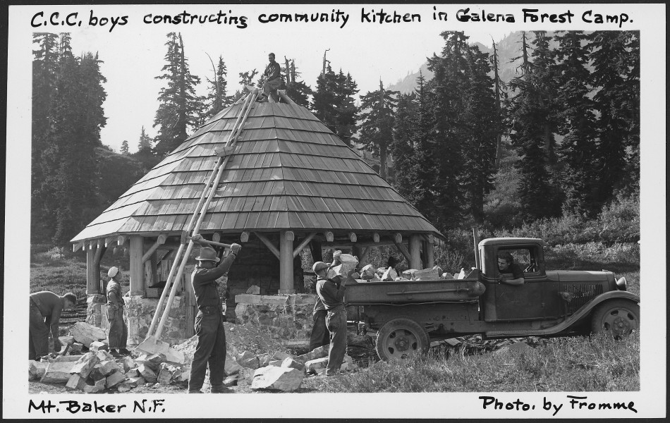 CCC Boys Constructing Community Kitchen in Galena Forest Camp, Mount Baker National Forest, 1936. - NARA - 299072