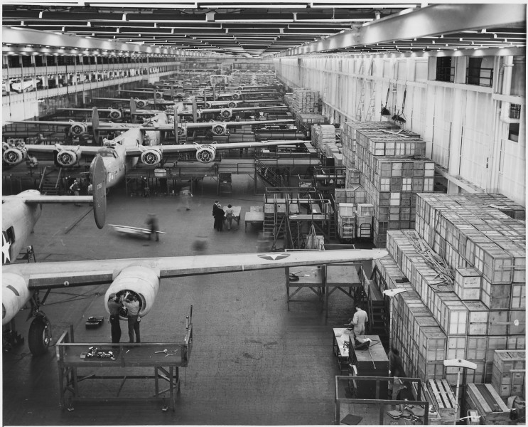 Looking up one of the assembly lines at Ford's big Willow Run plant, where B-24E (Liberator) bombers are being made... - NARA - 196389