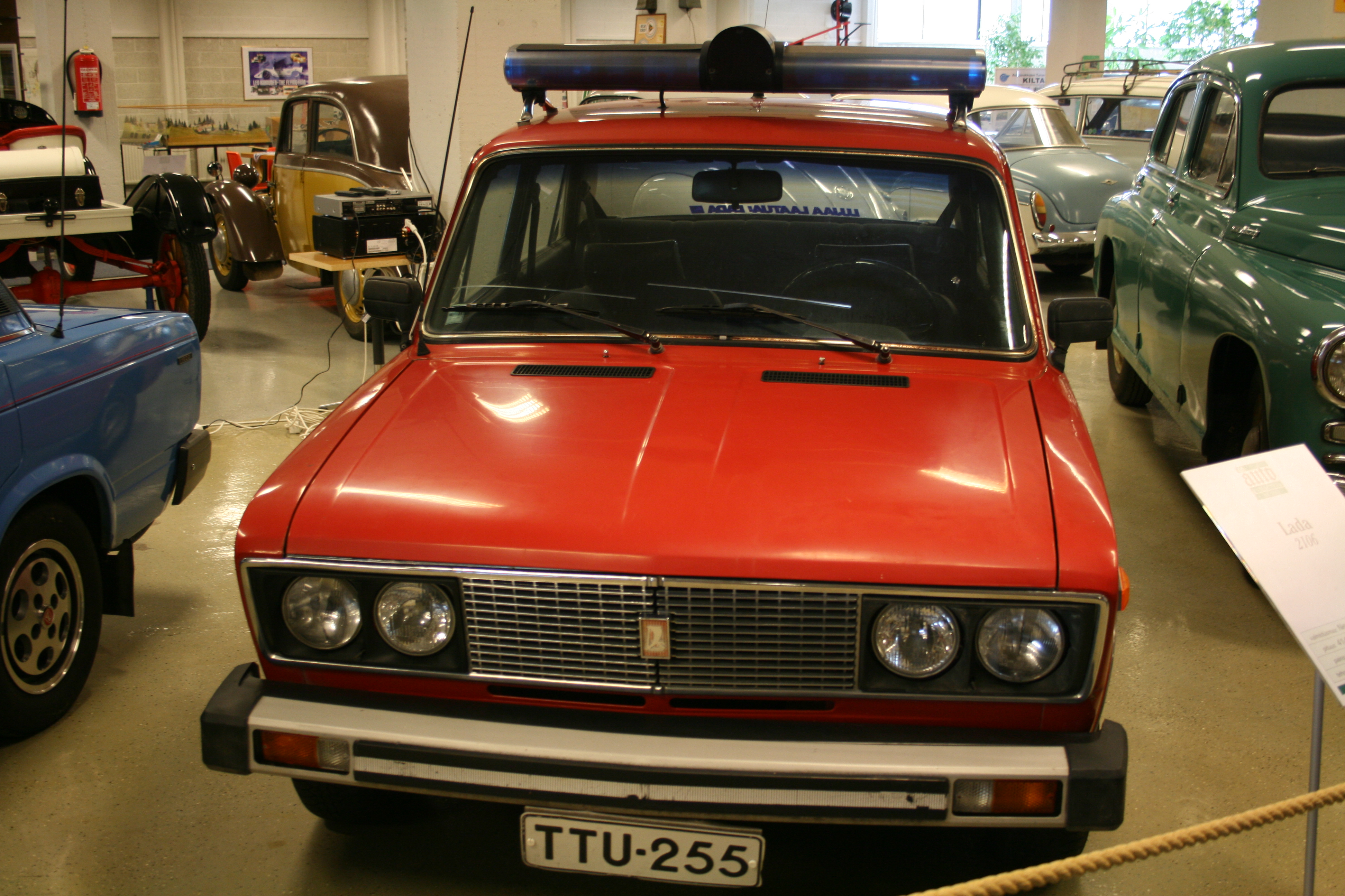 Red Lada 2106 emergency service vehicle at the Car and Communication Museum in Finland