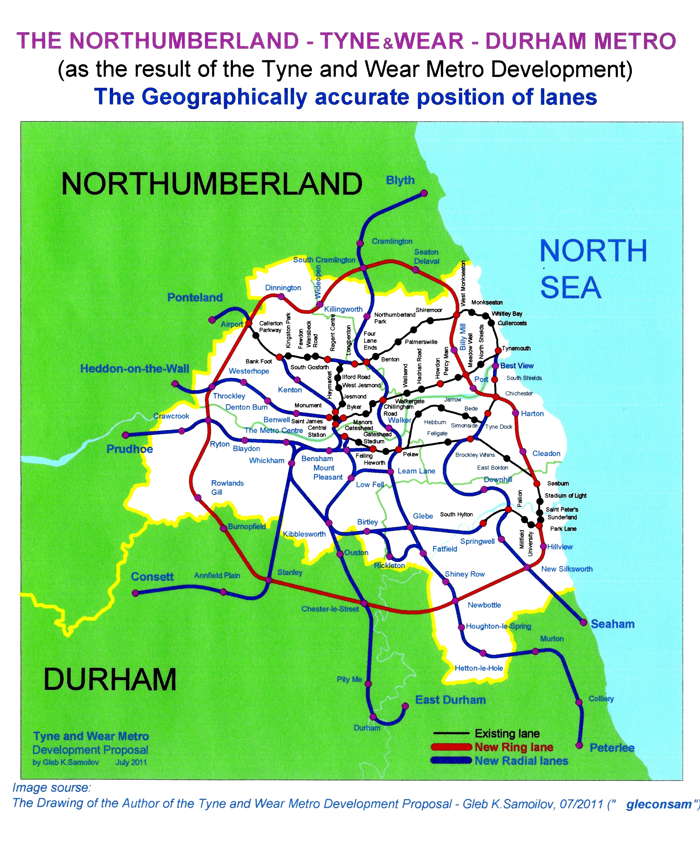 The Geographically accurate position of NORTHUMBERLAND - TYNE and WEAR  - DURHAM METRO lanes