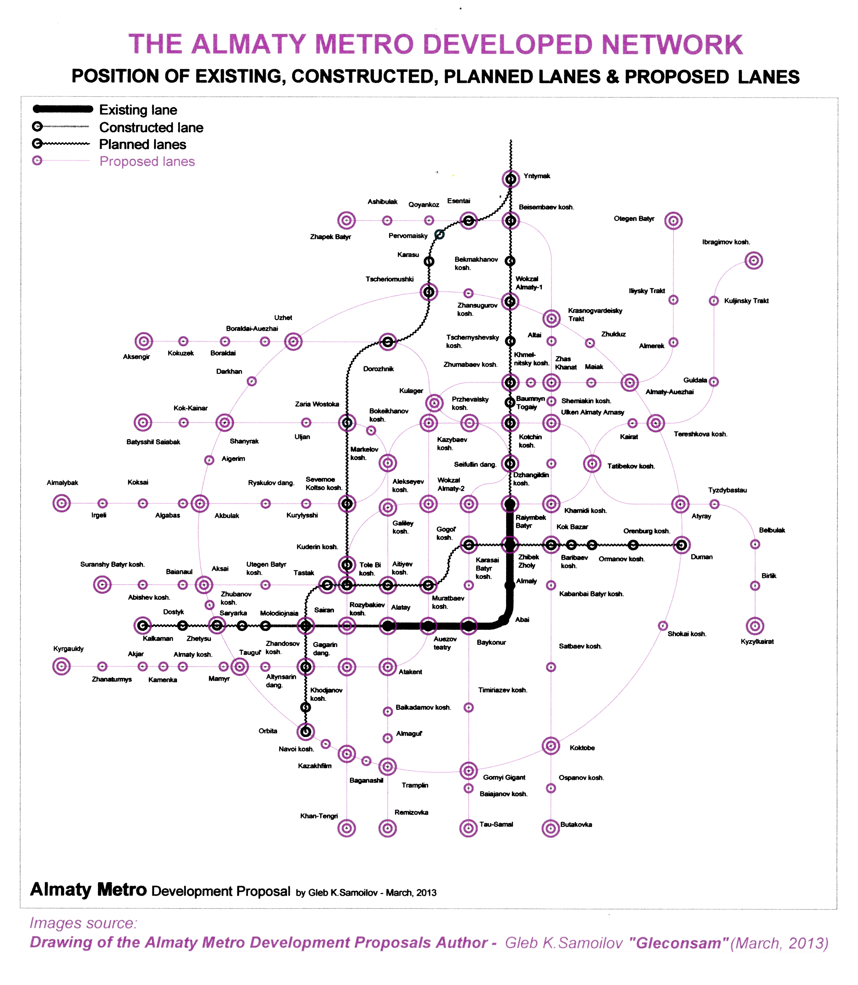 The Almaty Metro: position of existing, constructed and planned lines in the proposed Radial-Ring network 