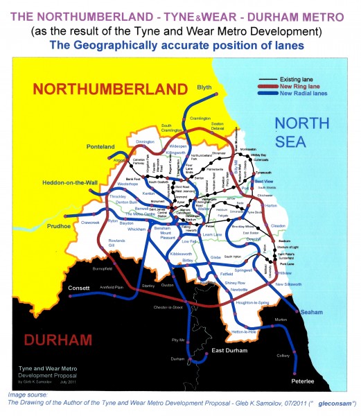 The Geographically accurate position of NORTHUMBERLAND - TYNE and WEAR - DURHAM METRO lanes