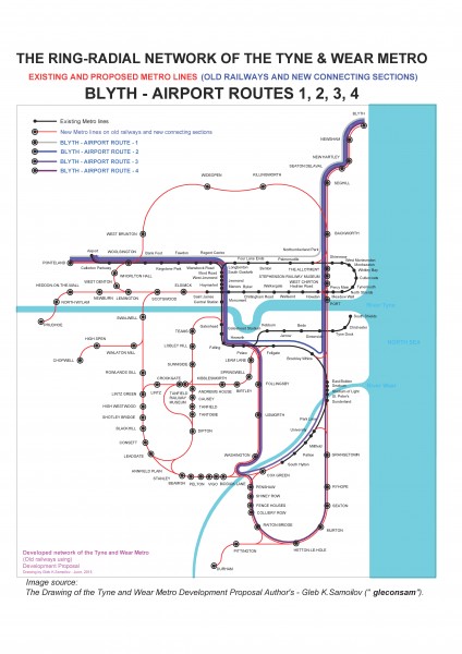 BLYTH - AIRPORT routes 1, 2, 3, 4 of the Tyne and Wear Metro Ring-Radial network