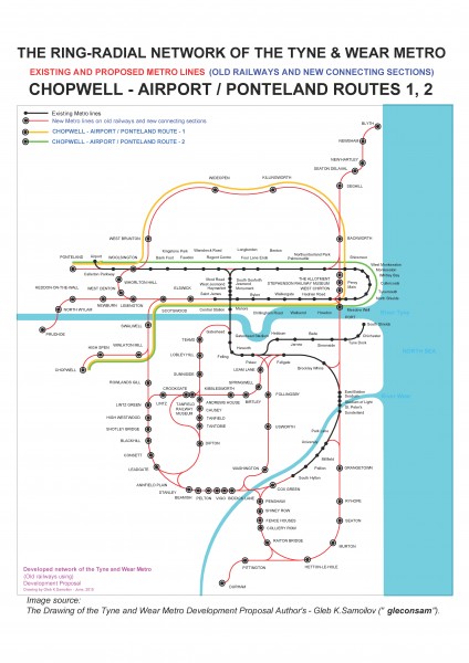 CHOPWELL ~ AIRPORT routes 1 and 2 of the Tyne and Wear Metro Ring-Radial network