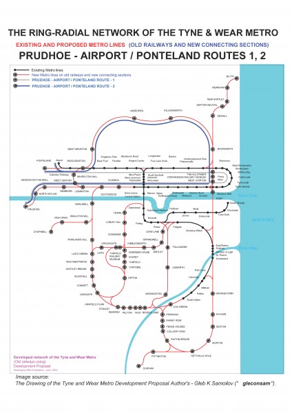 PRUDHOE ~ AIRPORT routes 1, 2 of the Tyne and Wear Metro Ring-Radial network