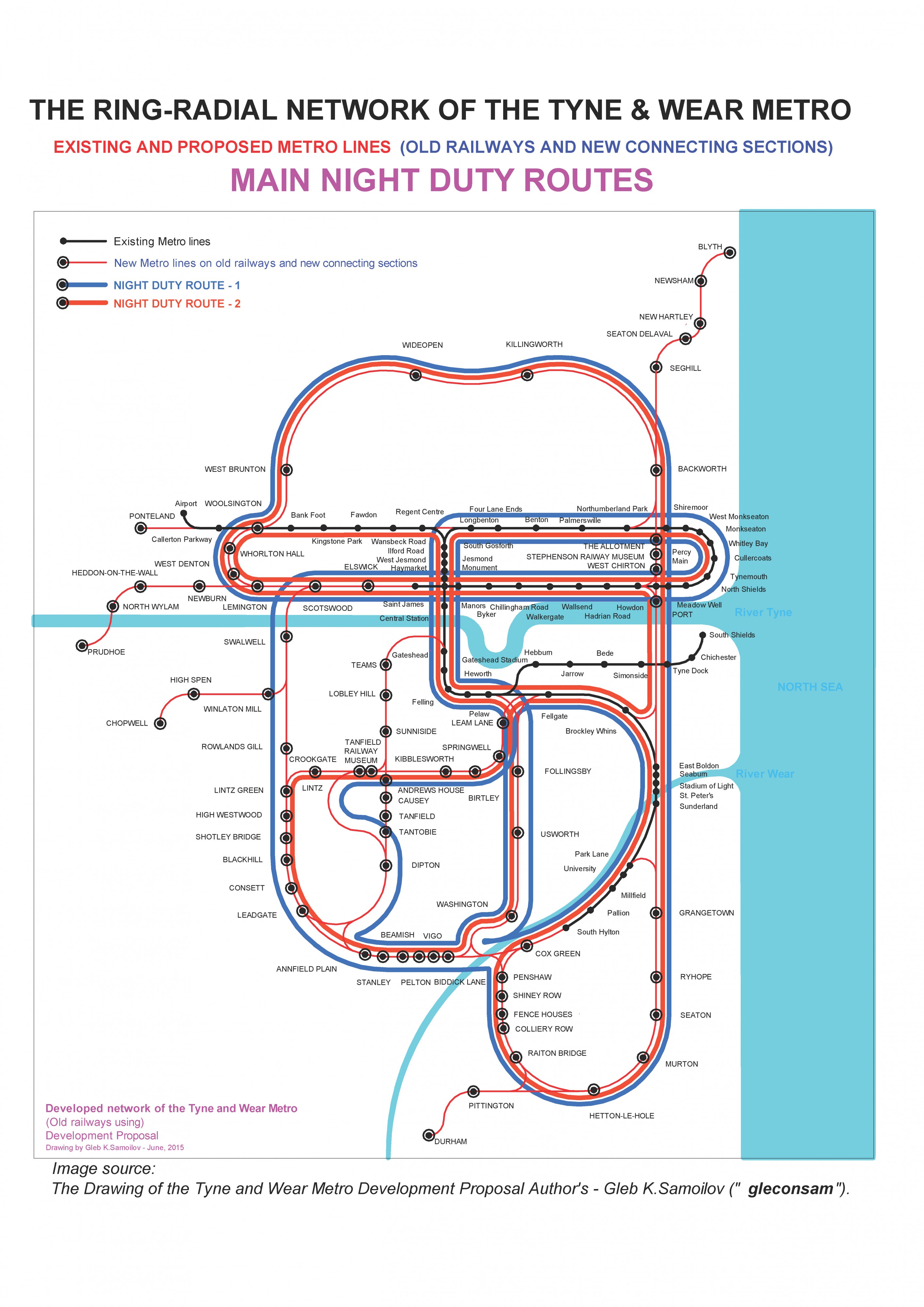 the Ring-Radial network of the Tyne and Wear Metro - night duty routes