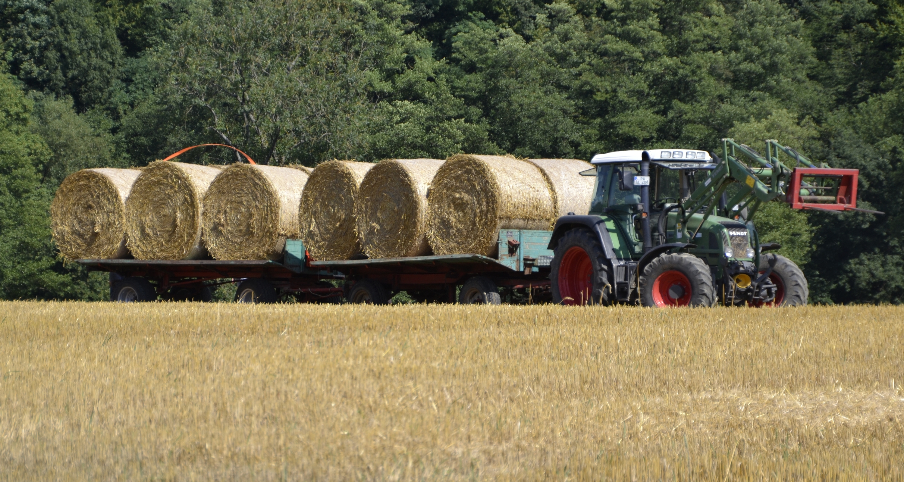 Fendt-Traktor beim Transport von Heuballen