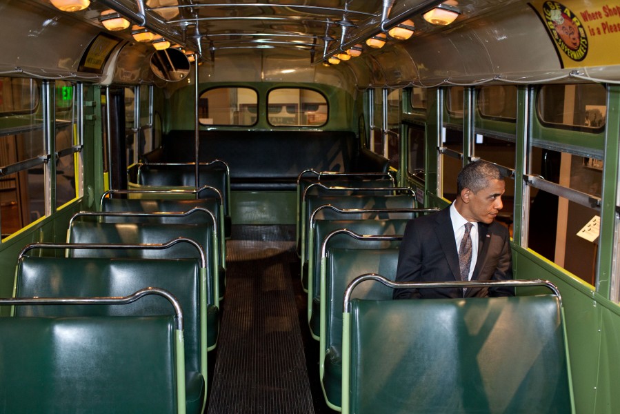 Barack Obama in the Rosa Parks bus