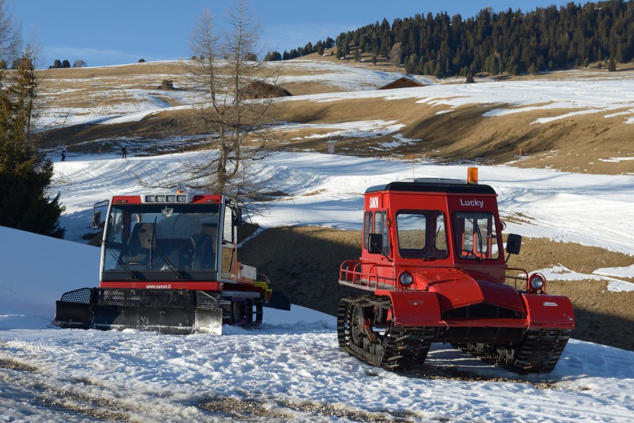 Snow vehicles Prinoth P15 and Snow Trac on Alpe di Siusi Seiseralm