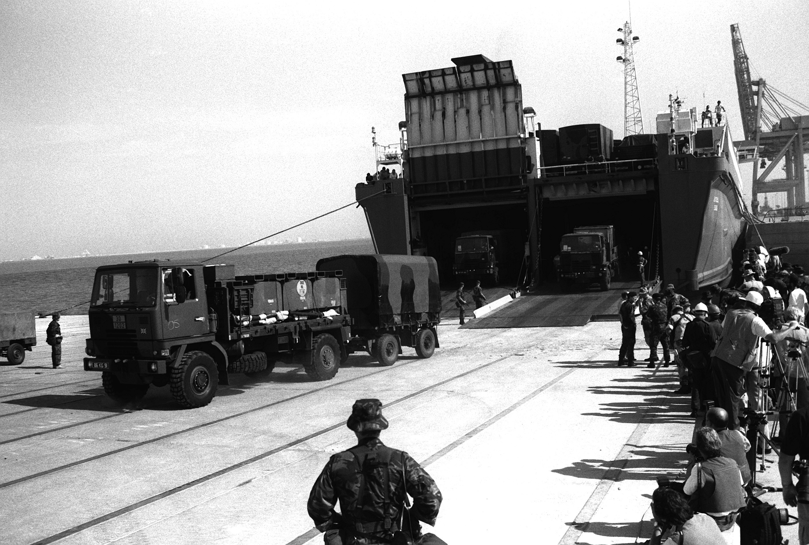 A British Bedford TM 4-4 4x4 truck leaves the Danish cargo ship Dana Cimbria during Operation Desert Shield