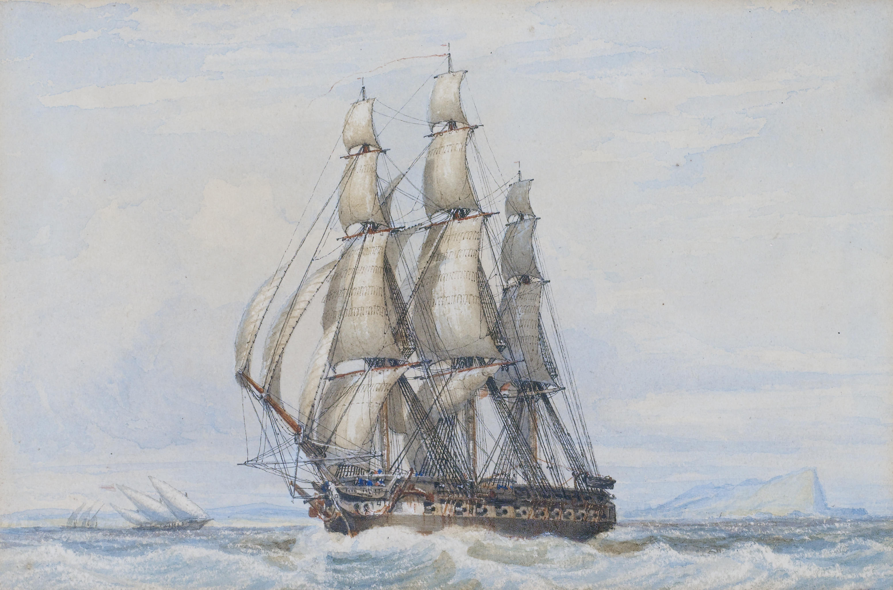 John Ward of Hull - A large frigate under full sail beating across the bay at Gibraltar...etc