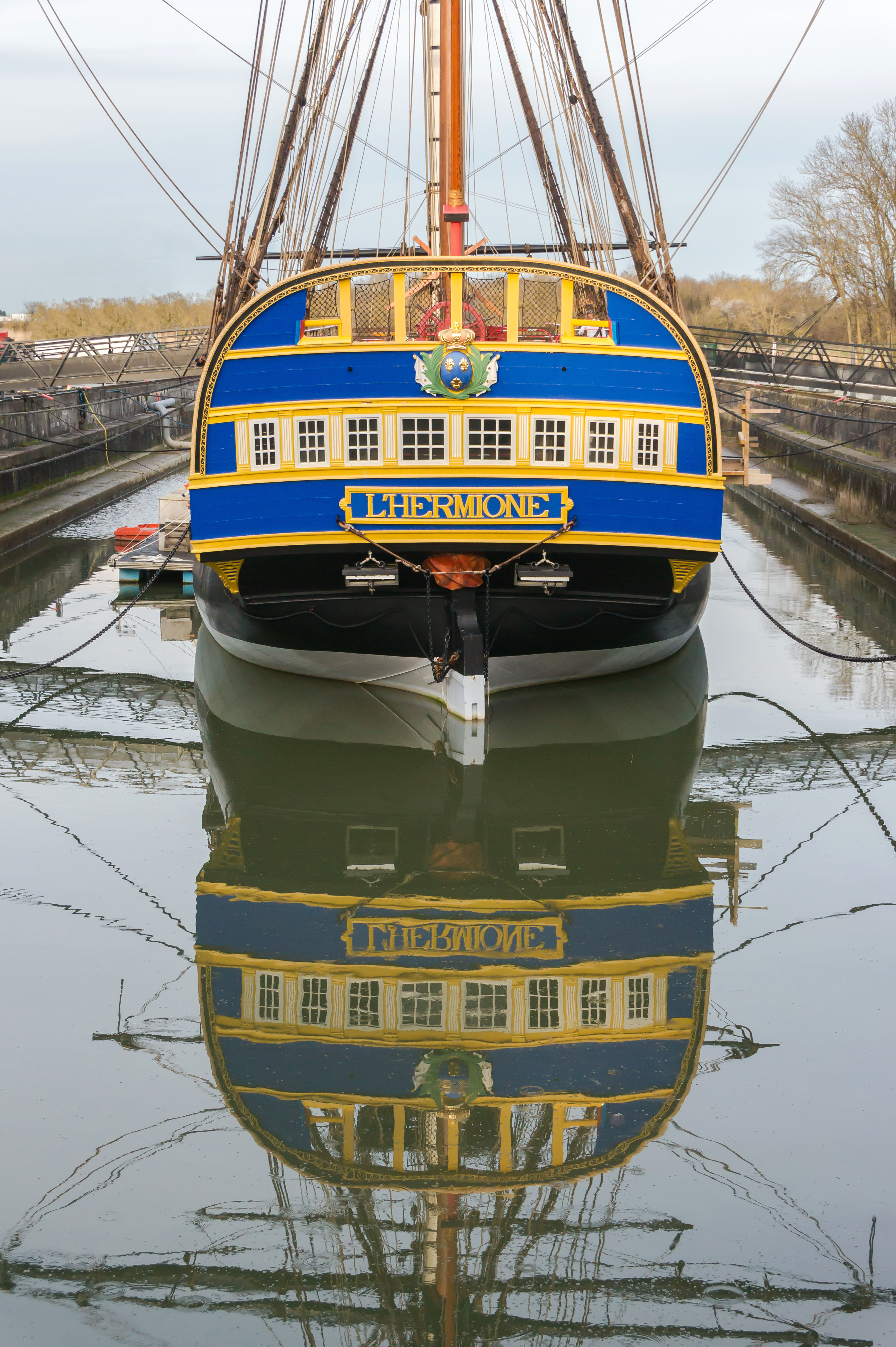 L'Hermione stern reflection Rochefort sur Mer