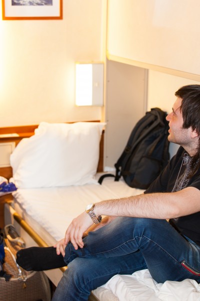 an interior of a 4-person windowless cabin in a Stena Line ferry, Baltic sea, June 2014