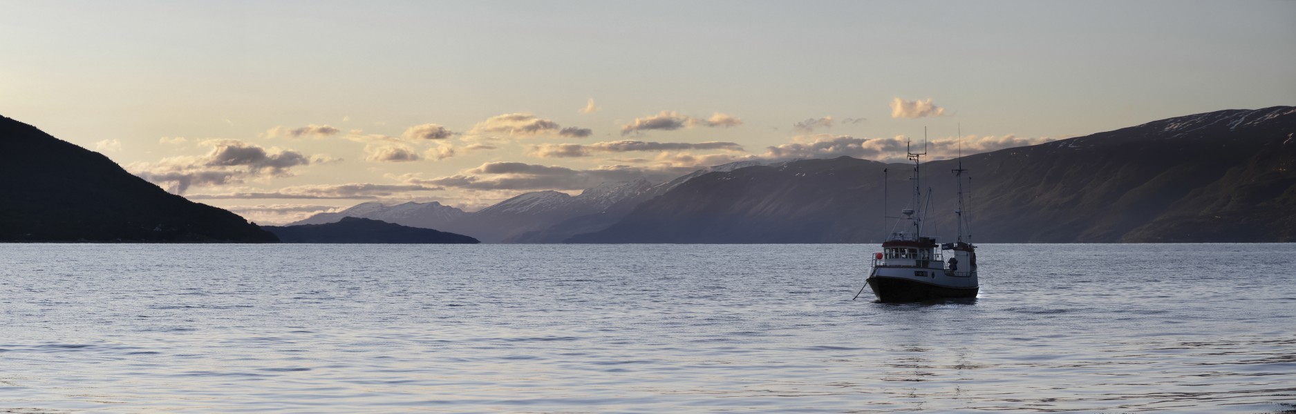 Fishing boat at Strandvoll, Storfjorden in evening, 2012 June
