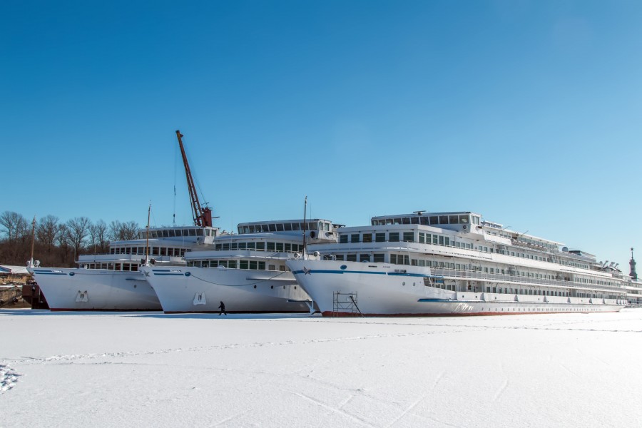 Peter Chaikovsky and Igor Stravinskiy and General Lavrinenkov in Winter at Moscow North River Port Front View 10-feb-2015