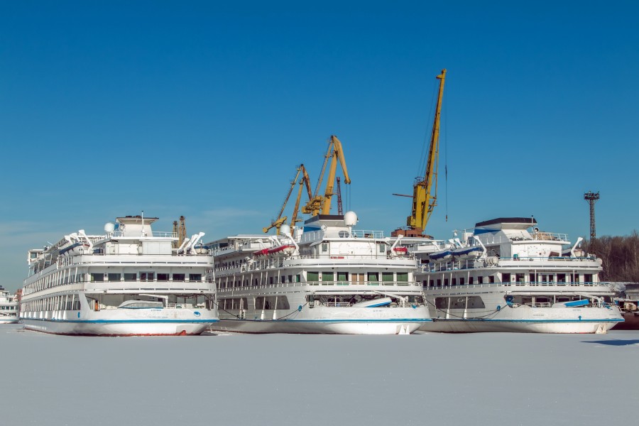 Peter Chaikovsky and Igor Stravinskiy and General Lavrinenkov in Winter at Moscow North River Port Stern View 10-feb-2015