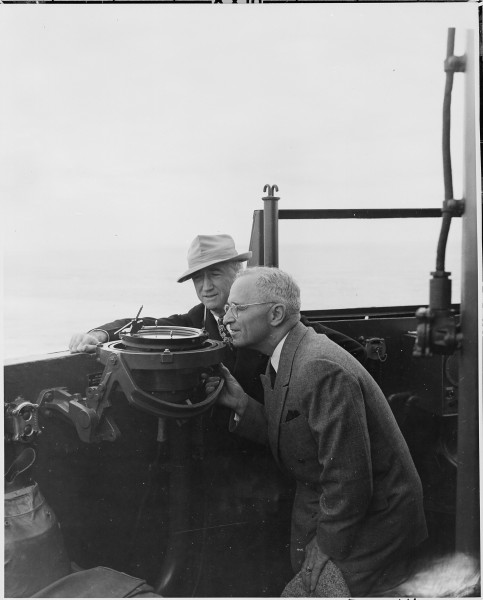 Secretary of States James Byrnes (left) and President Harry S. Truman examine the pelorus on the U. S. S. Augusta en... - NARA - 198741