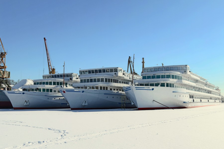 Sergey Dyagilev and Maxim Litvinov and Mikhail Sholokhov in Winter at Moscow North River Port Front View 10-feb-2015