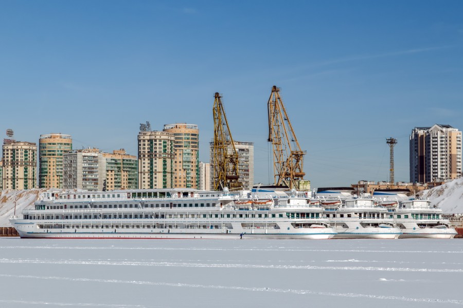 Sergey Dyagilev and Maxim Litvinov and Mikhail Sholokhov in Winter at Moscow North River Port Stern-Port View 10-feb-2015