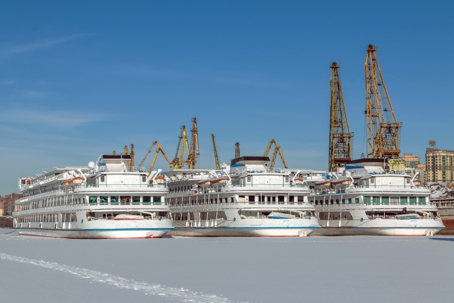Sergey Dyagilev and Maxim Litvinov and Mikhail Sholokhov in Winter at Moscow North River Port Stern View 10-feb-2015