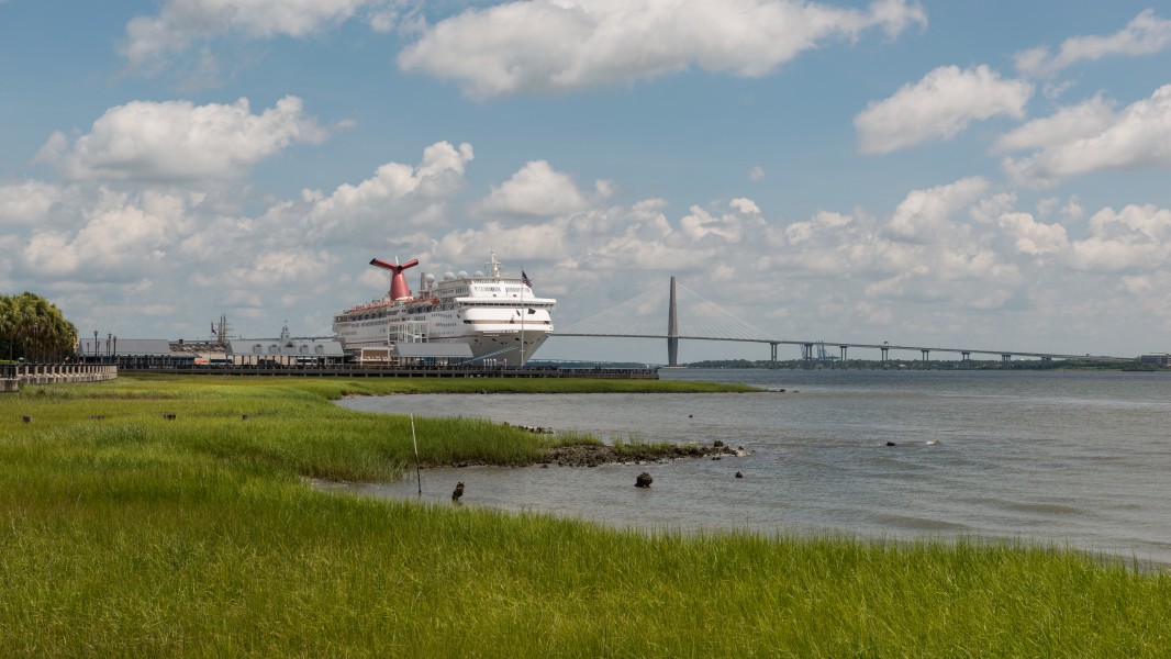 South view of Carnival Ecstasy at Port of Charleston SC and Arthur Ravenel Jr Bridge 20160704 1