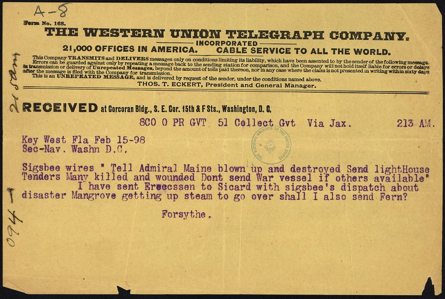 Telegram from James A. Forsythe to Secretary of the Navy - NARA - 300264