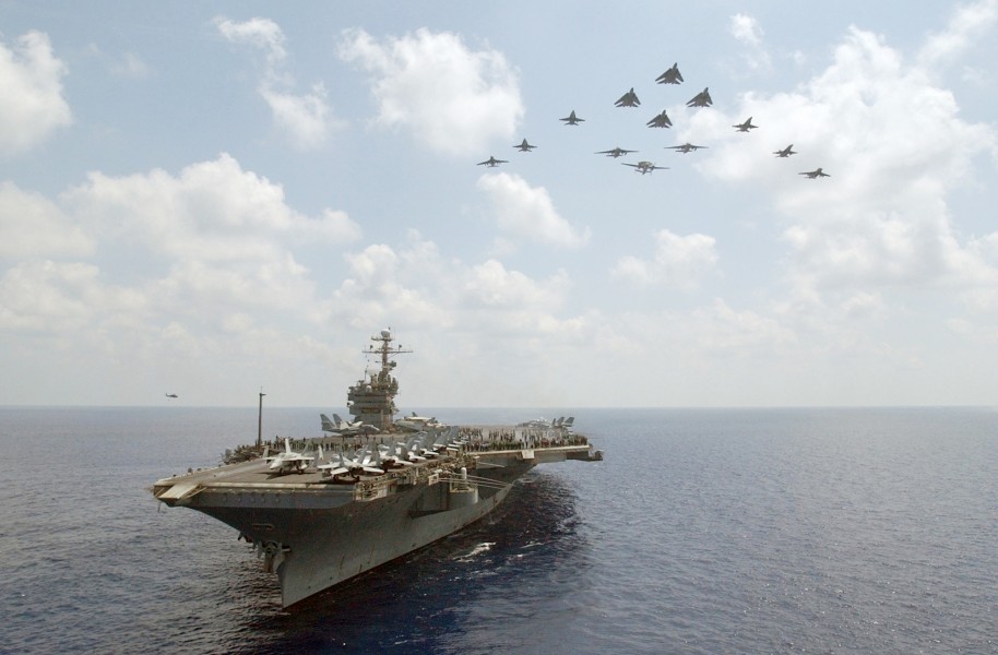 US Navy 020731-N-6492H-501 Elements from Carrier Air Wing Seven (CVW-7) conduct a ^ldquo,fly-over^rdquo, above USS John F. Kennedy (CV 67)