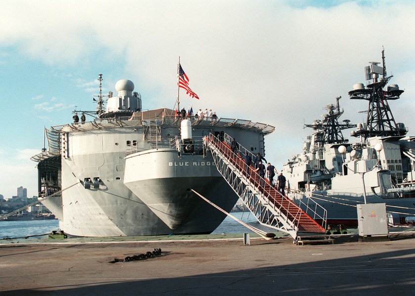 US Navy 020810-N-8955H-006 Sailors board the USS Blue Ridge (LCC 19) 