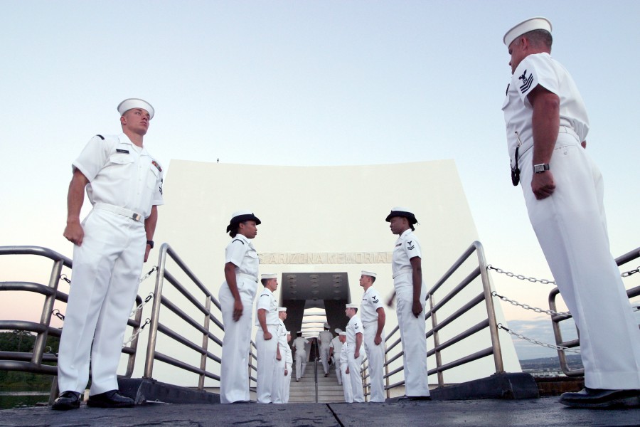 US Navy 021205-N-3228G-006 Naval Station Pearl Harbor side boys rehearse outside the USS Arizona Memorial