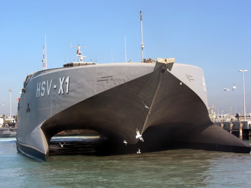 US Navy 030228-N-1050K-089 The Navy's Joint Venture (HSV-X1), a high-speed, sealift catamaran built and designed by Australian shipbuilders, sits pier-side