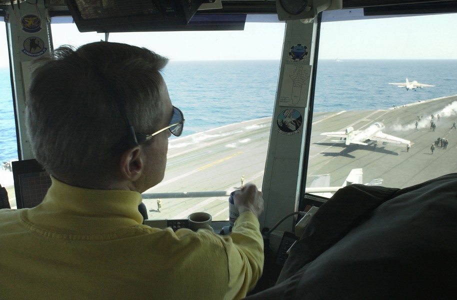 US Navy 030327-N-4308O-010 The Air Boss observes flight operations from primary flight deck control as an S-3B Viking