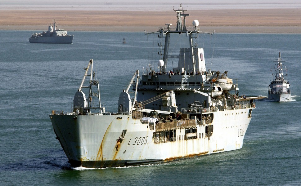 US Navy 030328-N-3783H-301 The Royal Fleet Auxiliary, Landing Ship Logistic RFA Sir Galahad (L 3005) arrives in the Iraqi port city of Umm Qasr