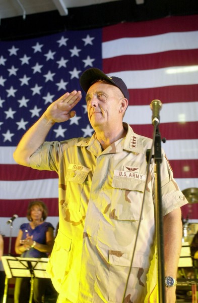 US Navy 030619-N-0413R-033 Gen. Tommy Franks speaks to crewmembers during a visit aboard USS Nimitz (CVN 68)