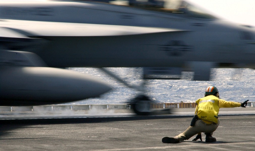 US Navy 030805-N-9769P-052 A F-A-18 'Super Hornet' launches from the flight deck of USS John C. Stennis (CVN 74)