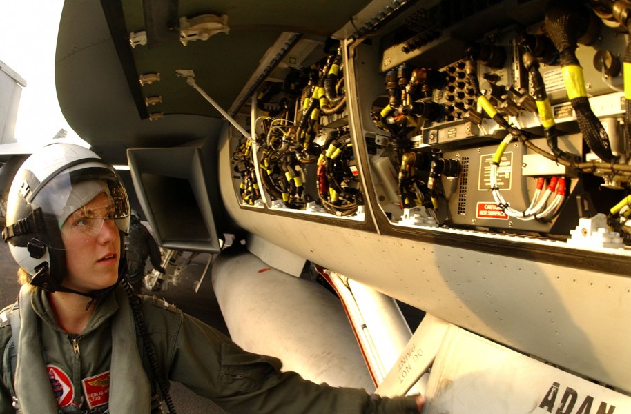 US Navy 030812-N-9769P-051 Lt. j.g. Leslie Mintz conducts a pre-flight inspection of an F-A-18 Super Hornet before flight operations