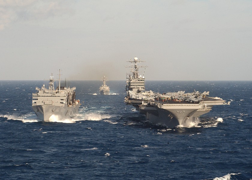 US Navy 031210-N-3653A-002 The Military Sealift Command (MSC) ship USNS Supply (T-AOE 6) conducts a replenishment at sea with USS George Washington (CVN 73)